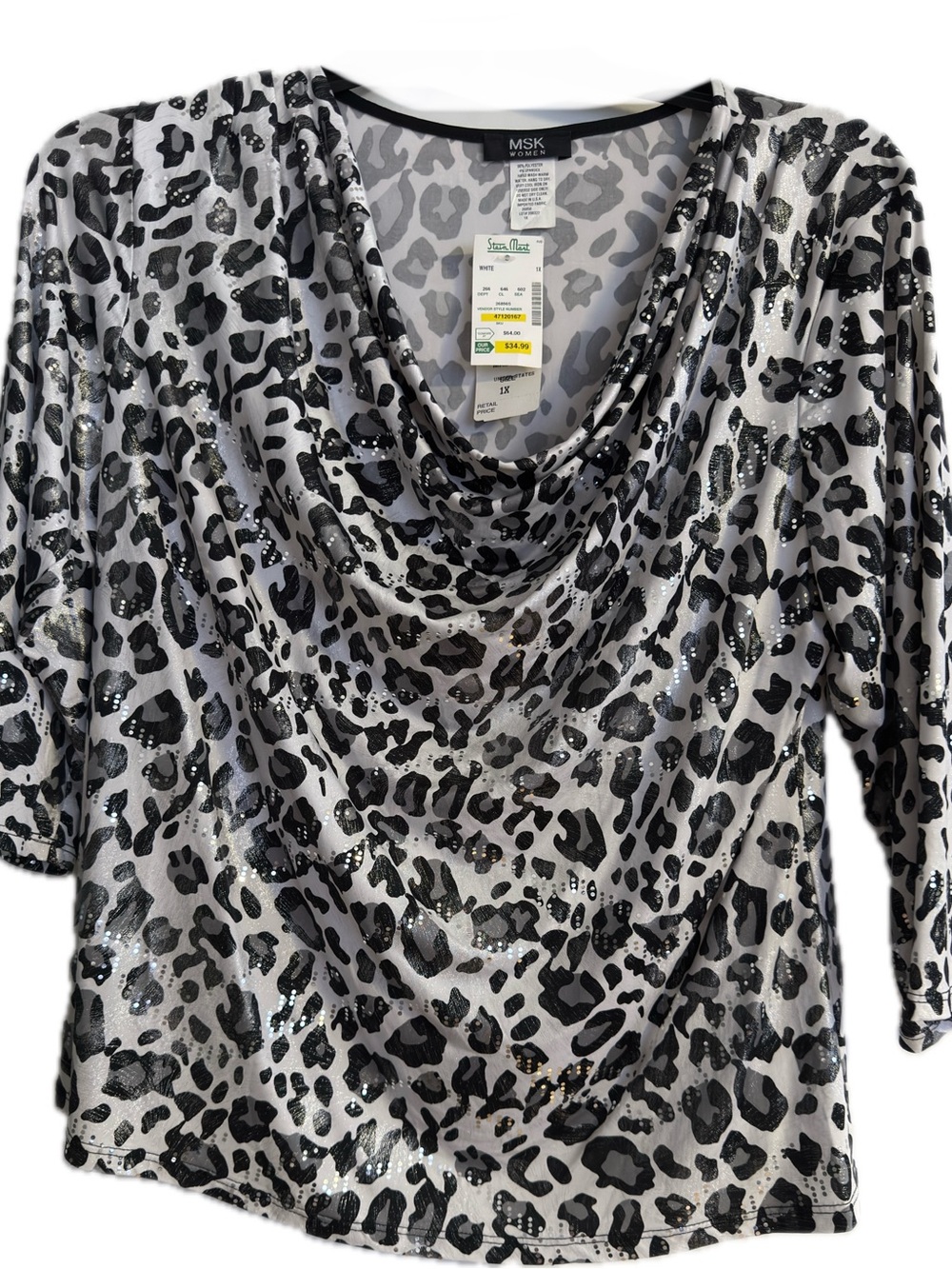 MSK Black and Silver Leopard Print Cowl Neck Top